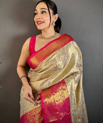 chiku-rani color kanchipuram silk blend flower zari woven saree with blouse 4