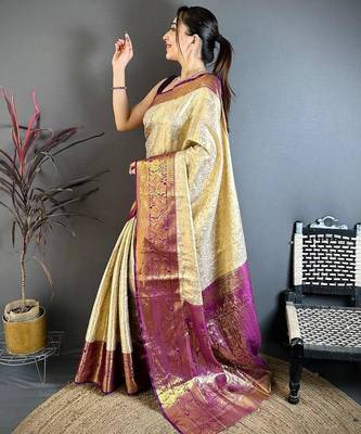 chiku-purple color kanchipuram silk blend flower zari woven saree with blouse 3