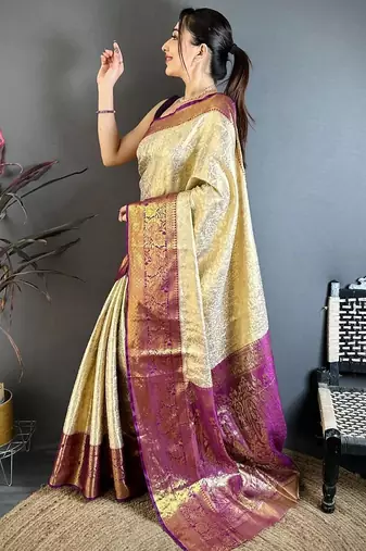 chiku-purple color kanchipuram silk blend flower zari woven saree with blouse