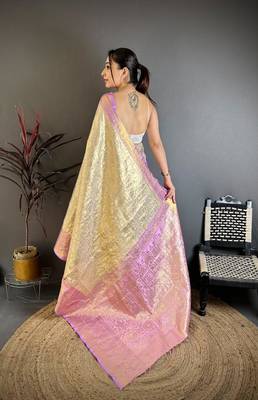 chiku-pink color kanchipuram silk blend flower zari woven saree with blouse 2