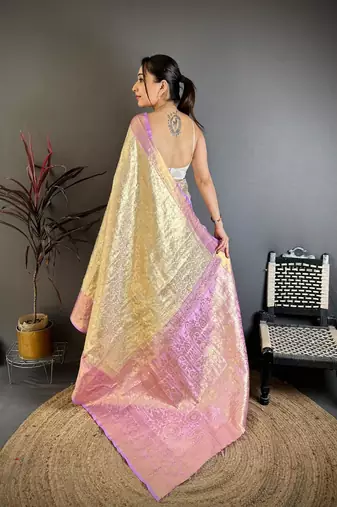 chiku-pink color kanchipuram silk blend flower zari woven saree with blouse