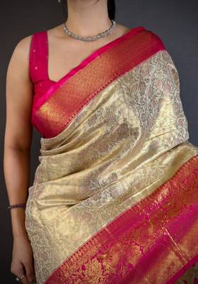 chiku-rani color kanchipuram silk blend flower zari woven saree with blouse 5