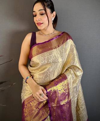 chiku-purple color kanchipuram silk blend flower zari woven saree with blouse 4