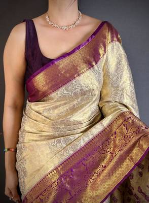 chiku-purple color kanchipuram silk blend flower zari woven saree with blouse 5