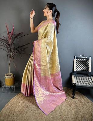 chiku-pink color kanchipuram silk blend flower zari woven saree with blouse 4