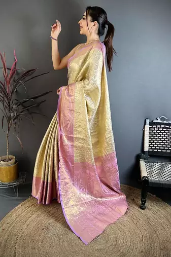 chiku-pink color kanchipuram silk blend flower zari woven saree with blouse