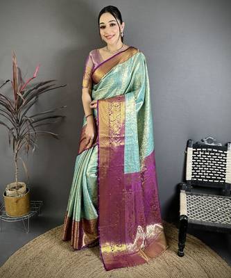 sky blue color kanjivaram silk blend flower zari woven saree with blouse 1