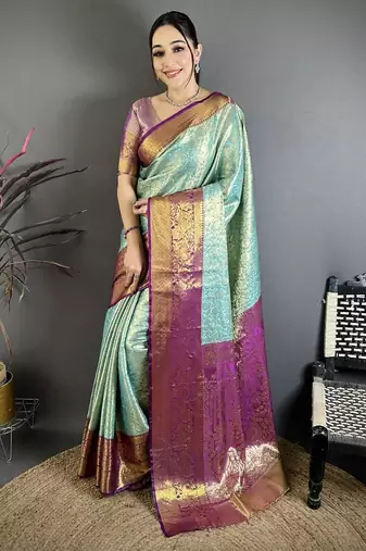 sky blue color kanjivaram silk blend flower zari woven saree with blouse