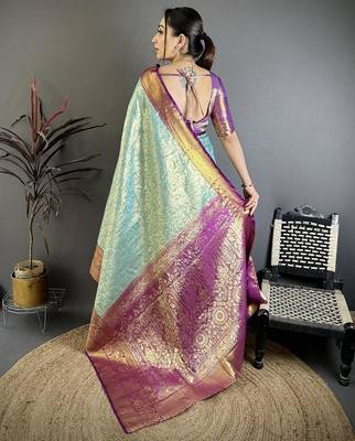 sky blue color kanjivaram silk blend flower zari woven saree with blouse 2