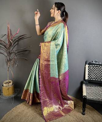 sky blue color kanjivaram silk blend flower zari woven saree with blouse 3