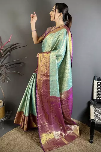 sky blue color kanjivaram silk blend flower zari woven saree with blouse
