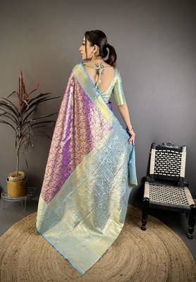 purple color kanjivaram silk blend flower zari woven saree with blouse 2
