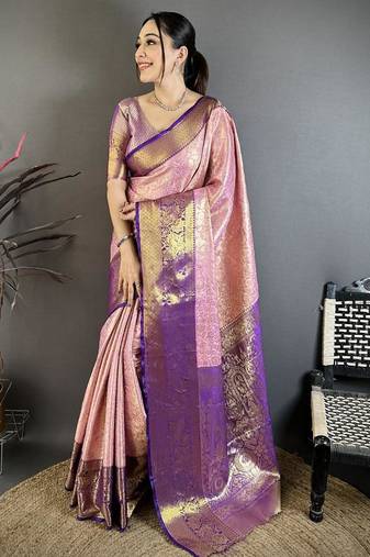 pink color kanjivaram silk blend flower zari woven saree with blouse