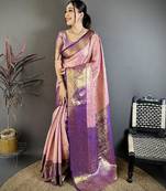pink color kanjivaram silk blend flower zari woven saree with blouse