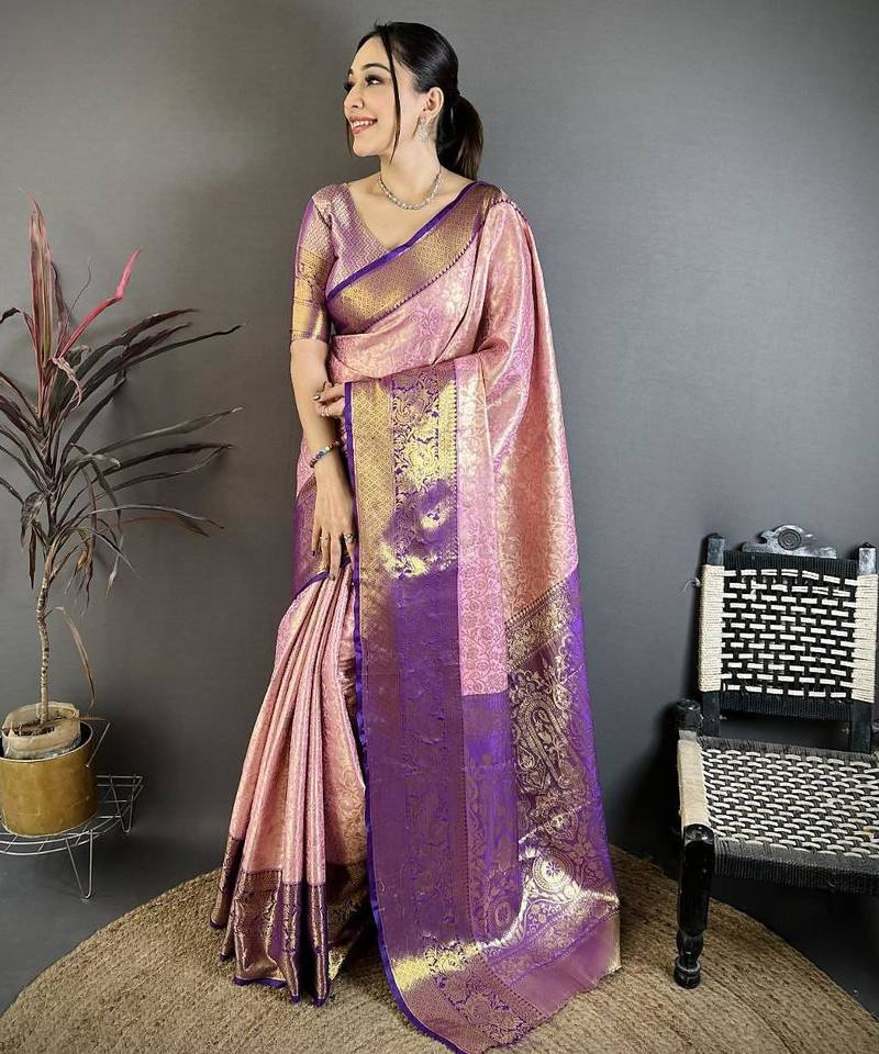 pink color kanjivaram silk blend flower zari woven saree with blouse