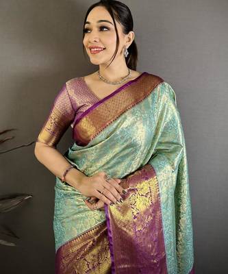 sky blue color kanjivaram silk blend flower zari woven saree with blouse 4