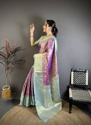 purple color kanjivaram silk blend flower zari woven saree with blouse 3
