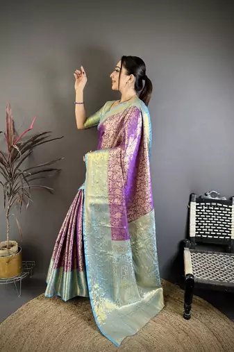 purple color kanjivaram silk blend flower zari woven saree with blouse