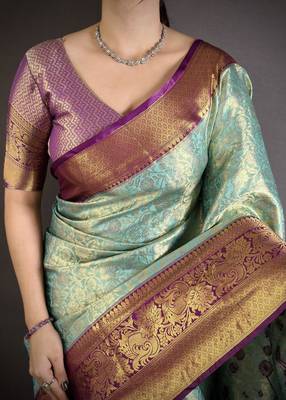 sky blue color kanjivaram silk blend flower zari woven saree with blouse 5
