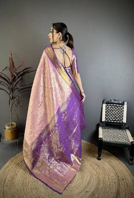 pink color kanjivaram silk blend flower zari woven saree with blouse 2