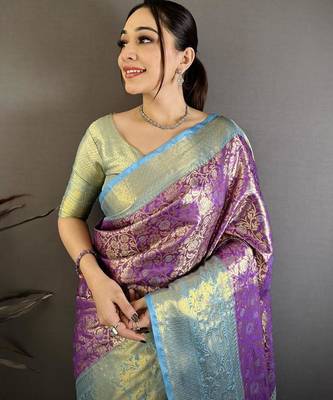 purple color kanjivaram silk blend flower zari woven saree with blouse 4