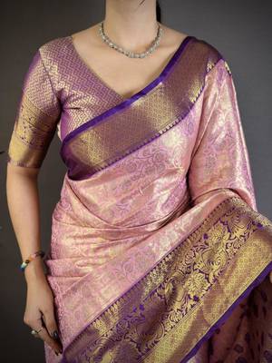 pink color kanjivaram silk blend flower zari woven saree with blouse 3
