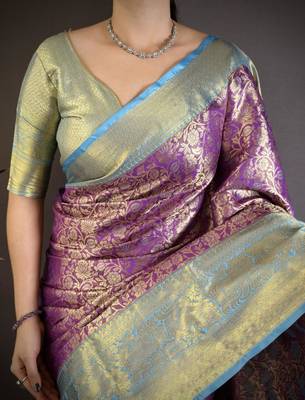 purple color kanjivaram silk blend flower zari woven saree with blouse 5