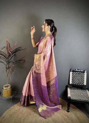 pink color kanjivaram silk blend flower zari woven saree with blouse 4