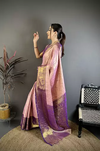 pink color kanjivaram silk blend flower zari woven saree with blouse