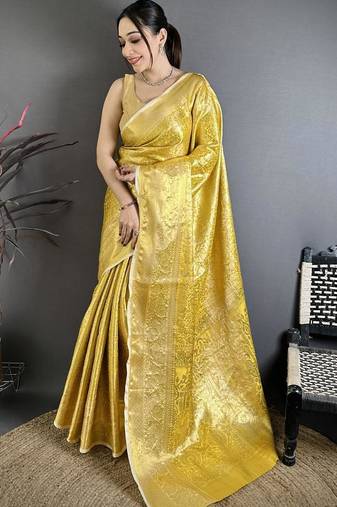 mustard color kanjivaram silk blend flower zari woven saree with blouse