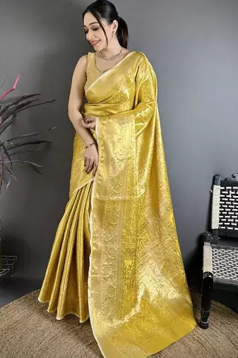 mustard color kanjivaram silk blend flower zari woven saree with blouse
