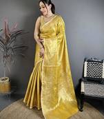 mustard color kanjivaram silk blend flower zari woven saree with blouse