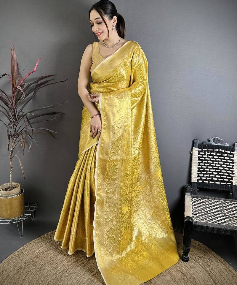 mustard color kanjivaram silk blend flower zari woven saree with blouse