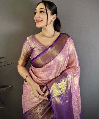 pink color kanjivaram silk blend flower zari woven saree with blouse 5
