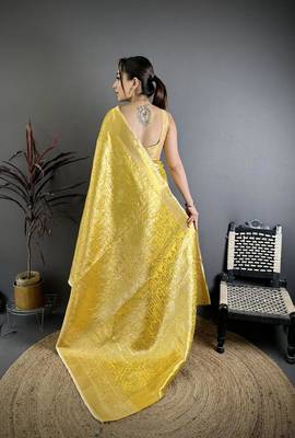 mustard color kanjivaram silk blend flower zari woven saree with blouse 2