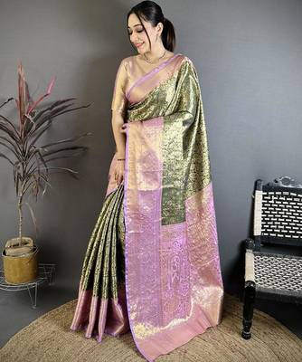 mehendi color kanjivaram silk blend flower zari woven saree with blouse 1