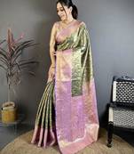 mehendi color kanjivaram silk blend flower zari woven saree with blouse