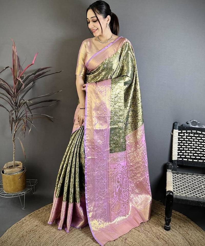 mehendi color kanjivaram silk blend flower zari woven saree with blouse
