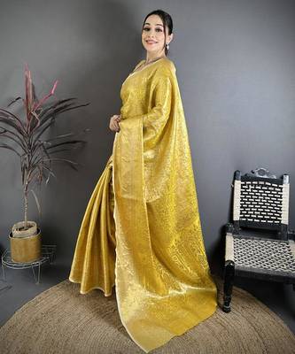 mustard color kanjivaram silk blend flower zari woven saree with blouse 3