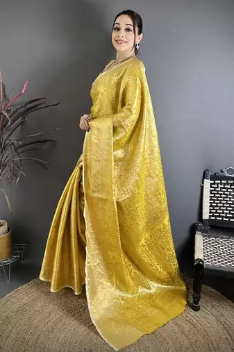 mustard color kanjivaram silk blend flower zari woven saree with blouse