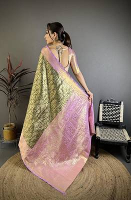 mehendi color kanjivaram silk blend flower zari woven saree with blouse 2