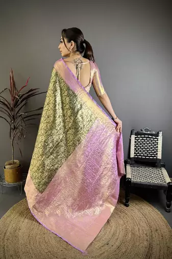 mehendi color kanjivaram silk blend flower zari woven saree with blouse