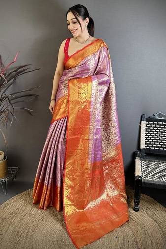 levender color kanjivaram silk blend flower zari woven saree with blouse