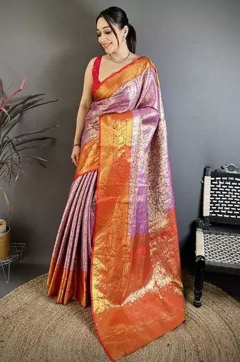 levender color kanjivaram silk blend flower zari woven saree with blouse