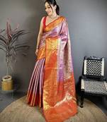 levender color kanjivaram silk blend flower zari woven saree with blouse