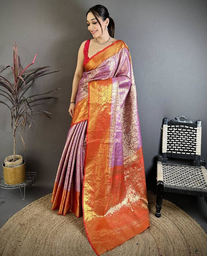 levender color kanjivaram silk blend flower zari woven saree with blouse