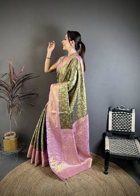 mehendi color kanjivaram silk blend flower zari woven saree with blouse 3