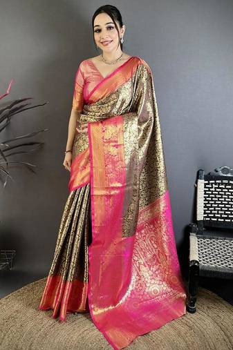 black -pink color kanjivaram silk blend flower zari woven saree with blouse