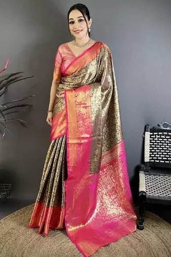 black -pink color kanjivaram silk blend flower zari woven saree with blouse