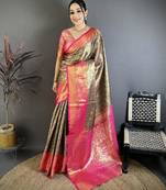 black -pink color kanjivaram silk blend flower zari woven saree with blouse